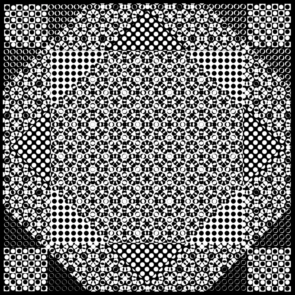 Illusion optique en noir et blanc intitulée Cinétique Rond, composée de motifs circulaires et géométriques créant un effet de mouvement et de vibration.