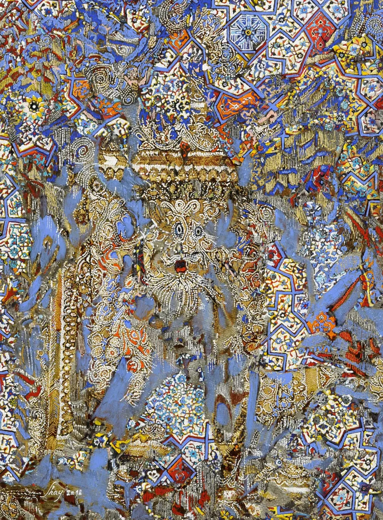 Peinture abstraite contemporaine intitulée Colère Divine, composée de motifs persans bleus, dorés et rouges formant une scène dynamique et mystique aux accents sacrés.