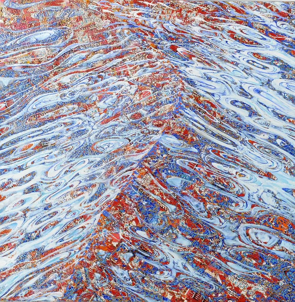 Peinture abstraite contemporaine intitulée Grande Vague, composée de tourbillons bleus, blancs et rouges évoquant une puissante vague en mouvement.