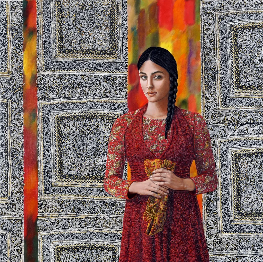 Peinture figurative contemporaine intitulée Je sors sans voile, représentant une femme en robe rouge dans un décor persan richement ornementé avec motifs et broderies traditionnels