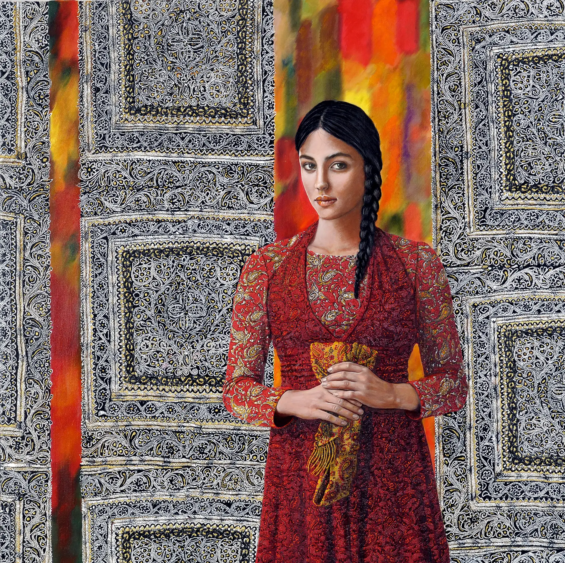 Peinture figurative contemporaine intitulée Je sors sans voile, représentant une femme en robe rouge dans un décor persan richement ornementé avec motifs et broderies traditionnels