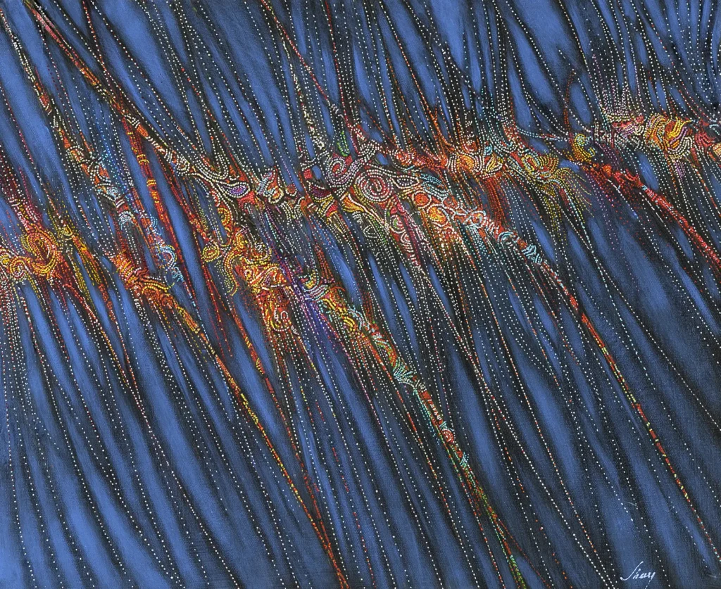 Peinture abstraite contemporaine intitulée La Nuit, composée de filaments lumineux multicolores sur un fond bleu profond évoquant une atmosphère nocturne et cosmique.