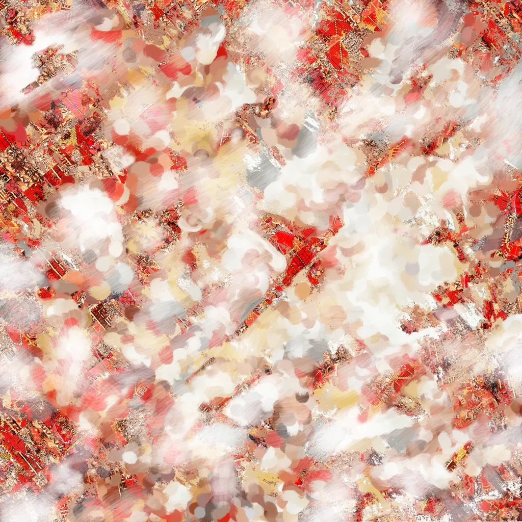 Peinture abstraite contemporaine intitulée Le Vent, composée de voiles blancs et beiges mêlés à des touches rouges dans une composition dynamique et aérienne.