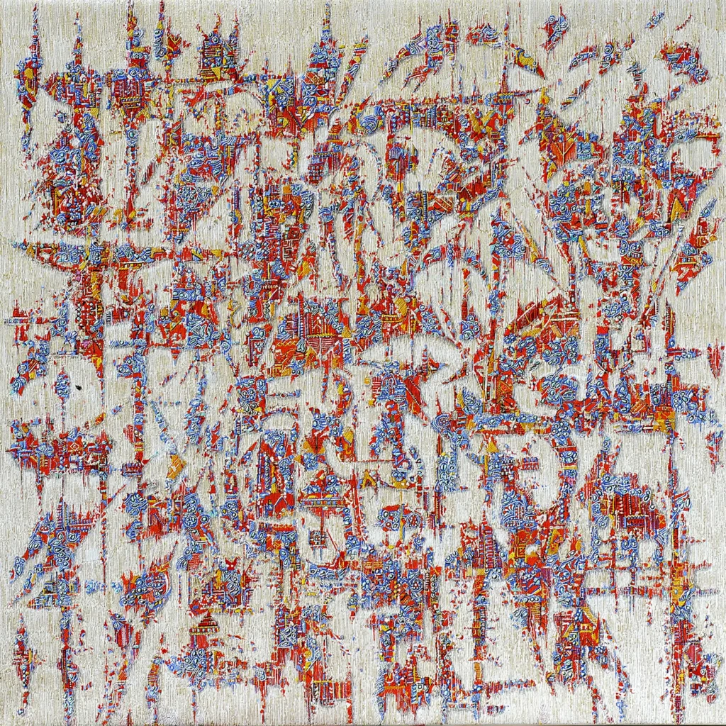 Peinture abstraite contemporaine intitulée Oriental, composée de motifs persans rouges, bleus et dorés sur fond clair dans une composition texturée et lumineuse.