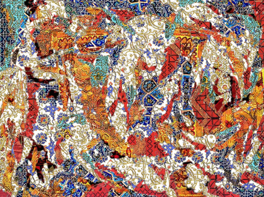Peinture abstraite contemporaine intitulée Ornement, composée de motifs persans bleus, dorés et rouges formant une composition décorative dense et lumineuse.