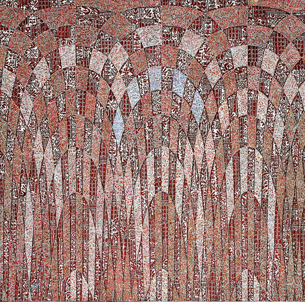 Peinture abstraite contemporaine intitulée Palais, composée d’arcs et de motifs persans rouges et blancs évoquant une architecture orientale stylisée.