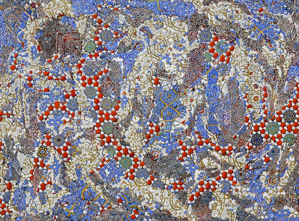 Peinture abstraite contemporaine intitulée Parure, composée de motifs persans bleus, rouges et dorés formant une mosaïque décorative riche et lumineuse.