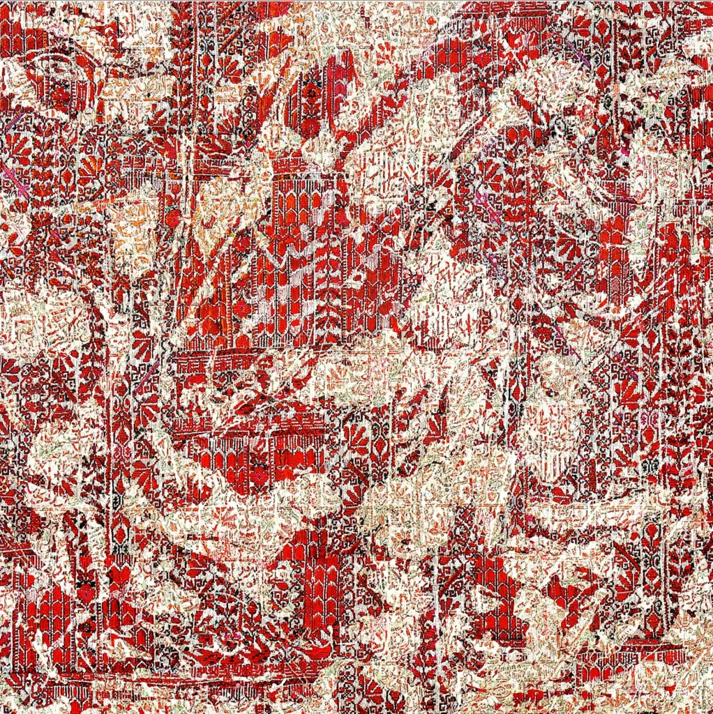 Peinture abstraite contemporaine intitulée Paysage, composée de motifs persans rouges et blancs créant une scène dense et texturée évoquant un paysage symbolique.