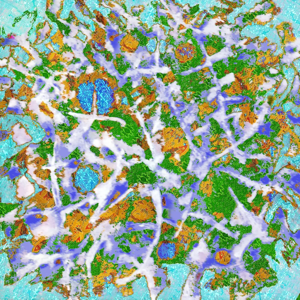 Peinture abstraite contemporaine intitulée Printemps, composée de verts, bleus et ocres avec des traces blanches évoquant la lumière et l’éveil de la nature.