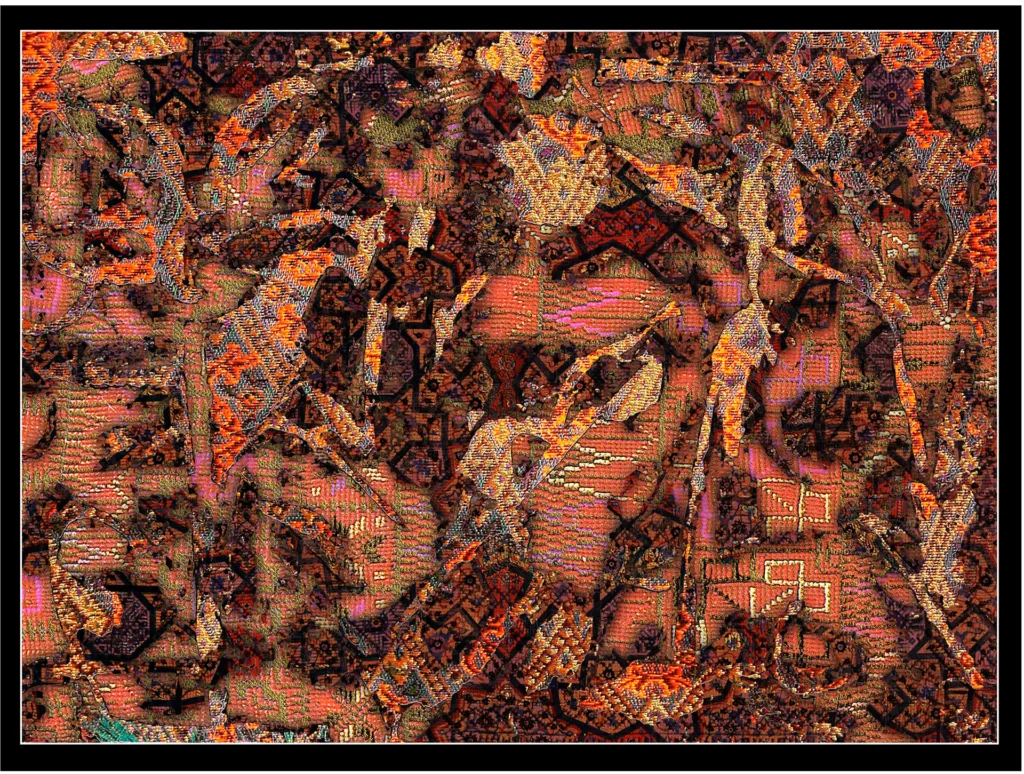 Peinture abstraite contemporaine intitulée Tapis Magique, composée de motifs persans complexes et de formes texturées en tons ocres et orangés évoquant un univers mystérieux.