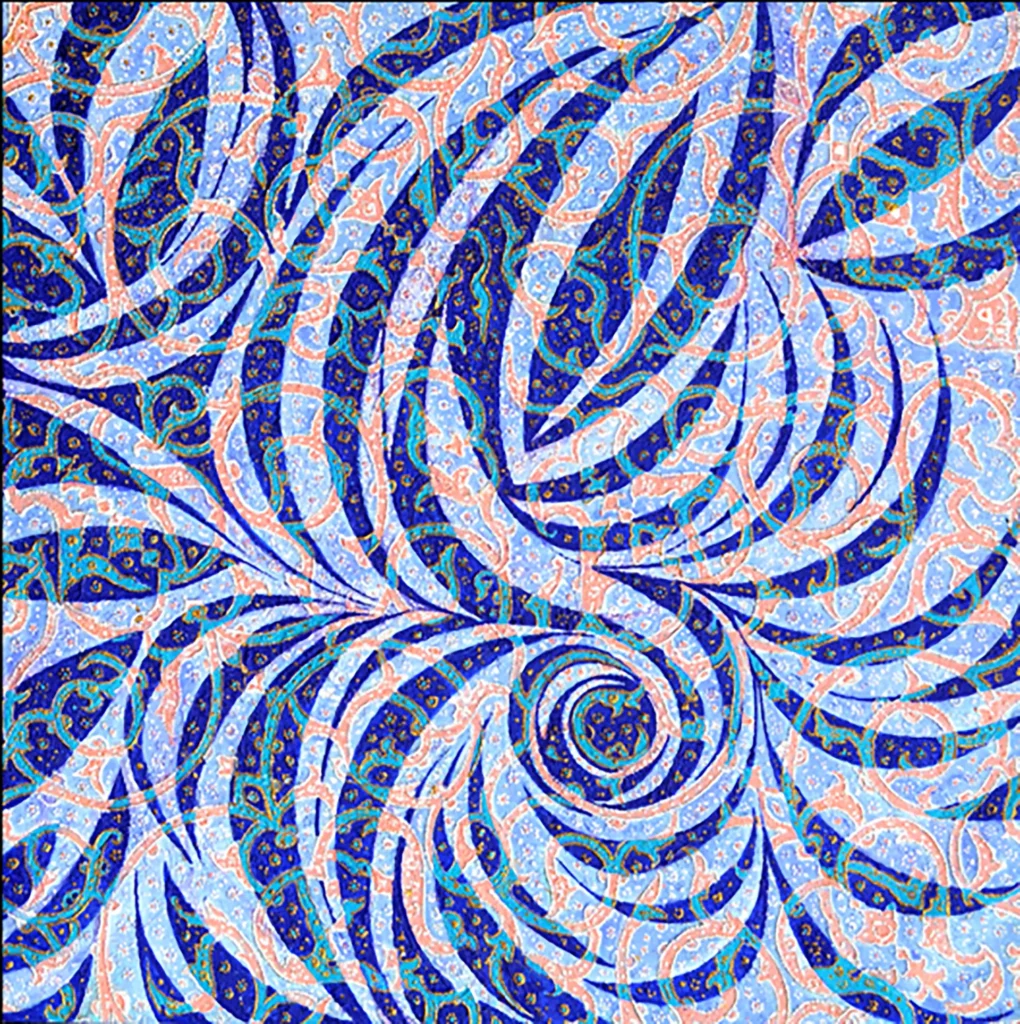Peinture abstraite contemporaine intitulée Tourbillon Bleu, composée de spirales et de motifs persans stylisés en bleu et rose évoquant un mouvement tourbillonnant.