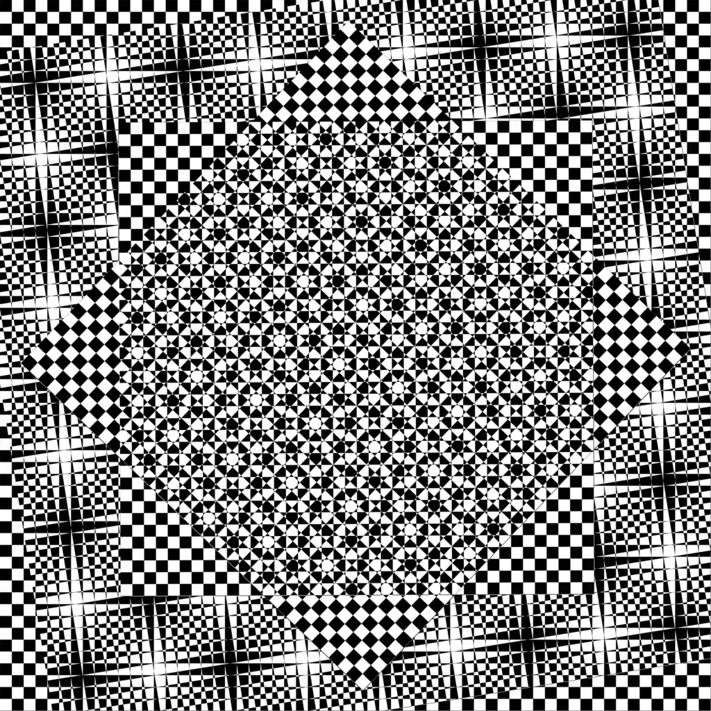 Composition géométrique en noir et blanc intitulée Cercle Caché, créant une illusion optique où des cercles ls apparaissent et disparait au centre parmi des motifs en damier