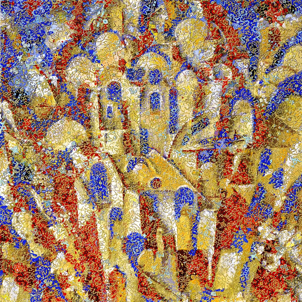 Peinture abstraite contemporaine intitulée Village Perché, composée de formes dorées, bleues et rouges évoquant un village stylisé baigné de lumière .