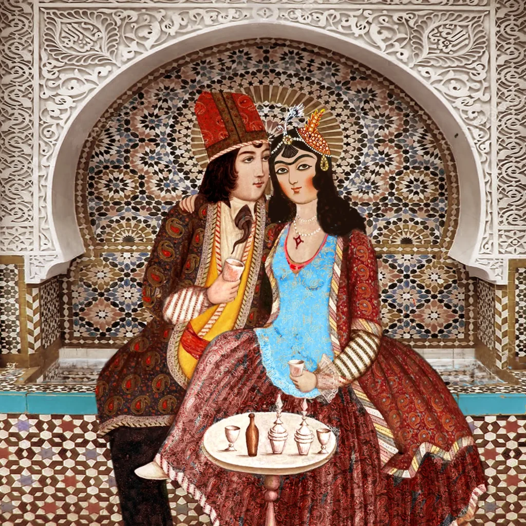 Amoureux – Peinture figurative contemporaine orientale | Shay Miremont.Amoureux est une peinture figurative contemporaine de Shay Miremont, représentant un couple dans une scène d’inspiration orientale, riche en motifs et en détails décoratifs.