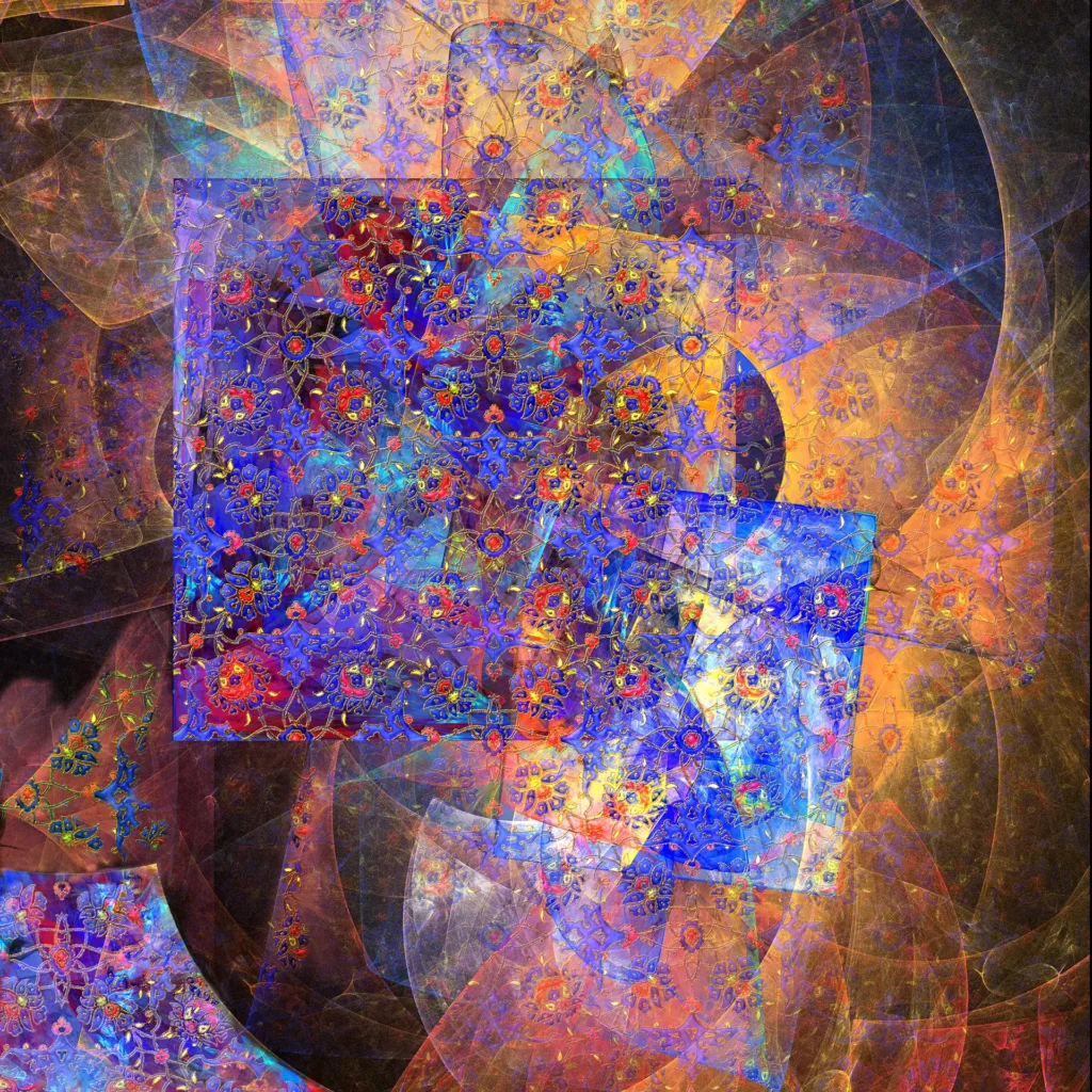 Peinture abstraite contemporaine intitulée Carré Bleu, composée d’un carré central bleu orné de motifs persans lumineux dans une composition vibrante et colorée.