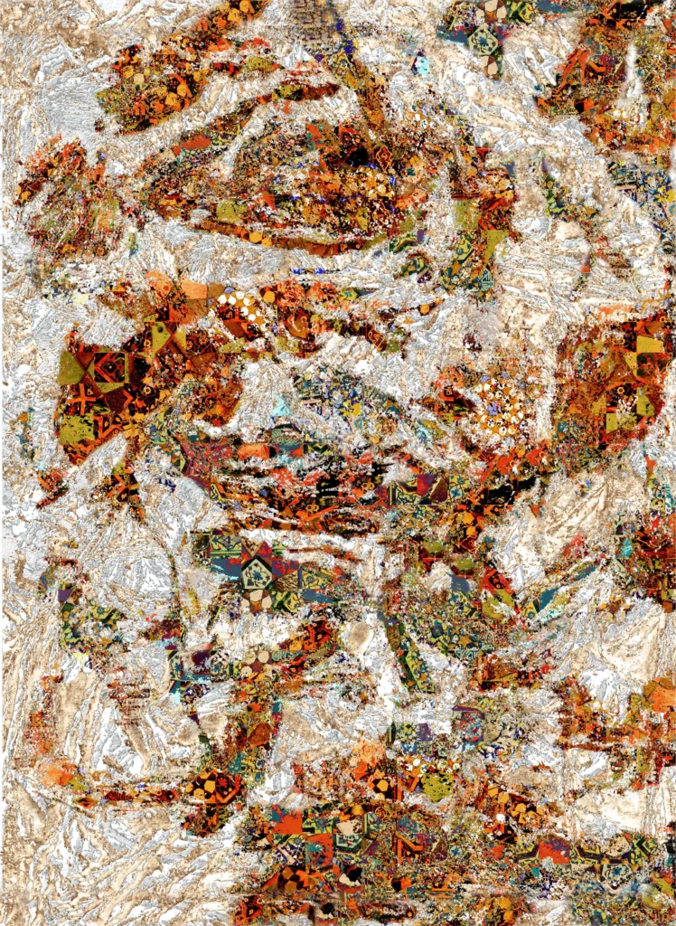 Peinture abstraite contemporaine intitulée Compo Feu, composée de fragments et motifs persans rouges et ocres dans une texture évoquant la chaleur et l’incandescence du feu.