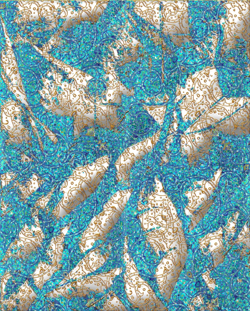 Peinture abstraite contemporaine intitulée Déchirure, composée de motifs persans turquoise et dorés traversés de formes ivoire évoquant une rupture lumineuse.