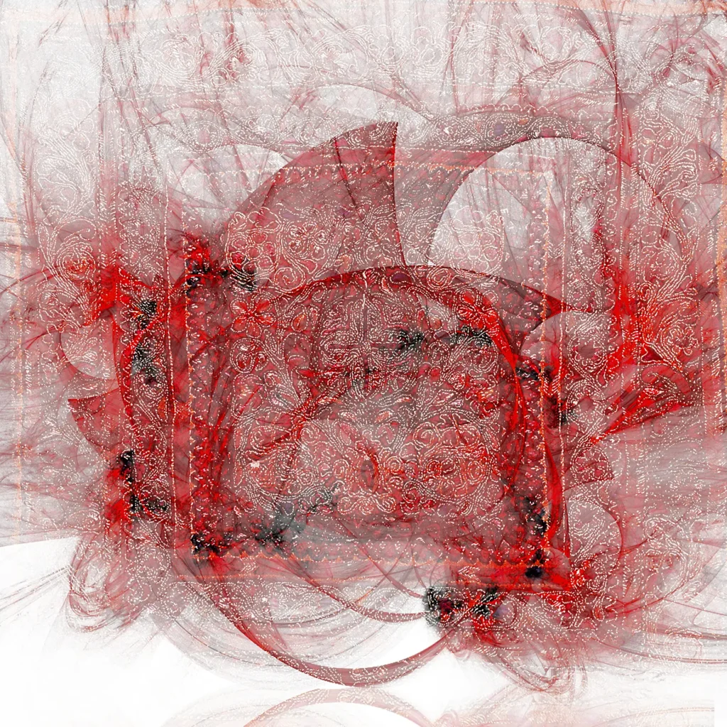 Peinture abstraite contemporaine intitulée La Joie, composée de voiles rouges translucides et de motifs délicats évoquant une énergie lumineuse et vibrante.