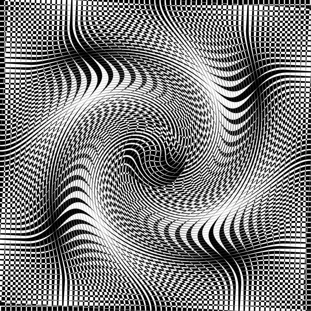 Illusion optique en noir et blanc intitulée Planète Inconnue, représentant un vortex géométrique en rotation évoquant une planète mystérieuse.
