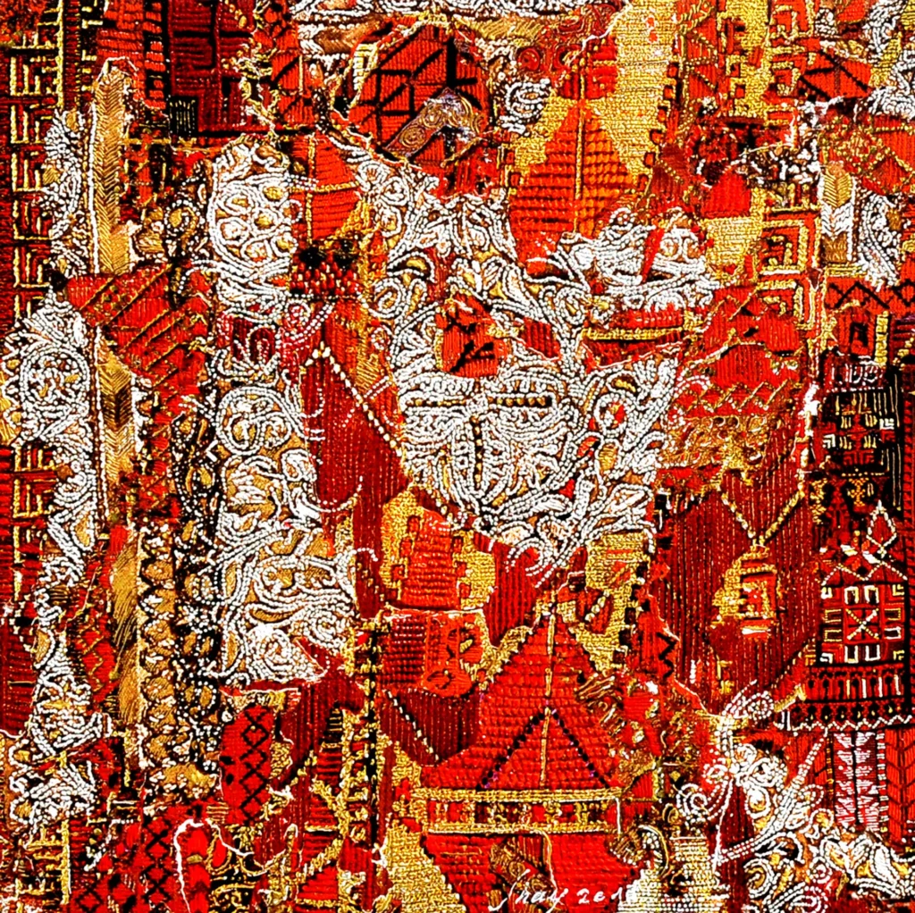 Peinture abstraite contemporaine intitulée Porte-Bonheur, composée de motifs persans rouges et dorés avec des formes symboliques et calligraphiques évoquant un talisman protecteur.