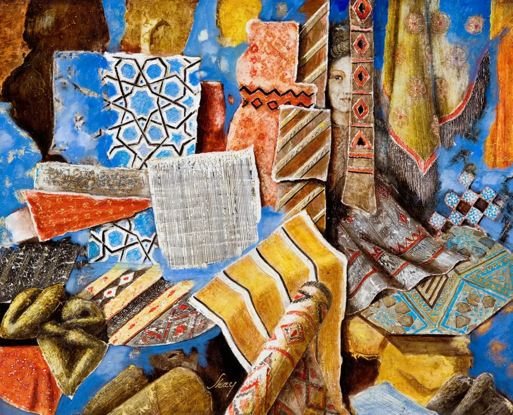 Peinture figurative-abstraite intitulée Rideau, composée de tissus et motifs orientaux aux couleurs vives laissant apparaître partiellement un visage de femme.