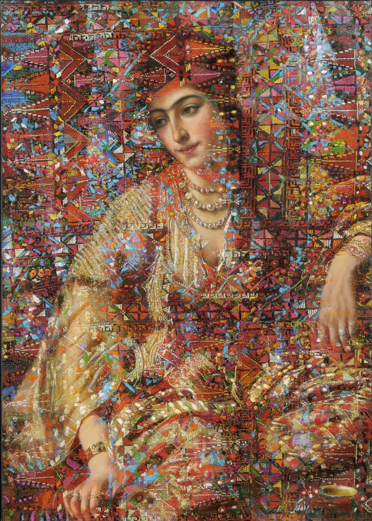 Peinture figurative contemporaine intitulée Shéhérazade, représentant une femme entourée de motifs textiles persans colorés et superposés dans une ambiance riche et poétique