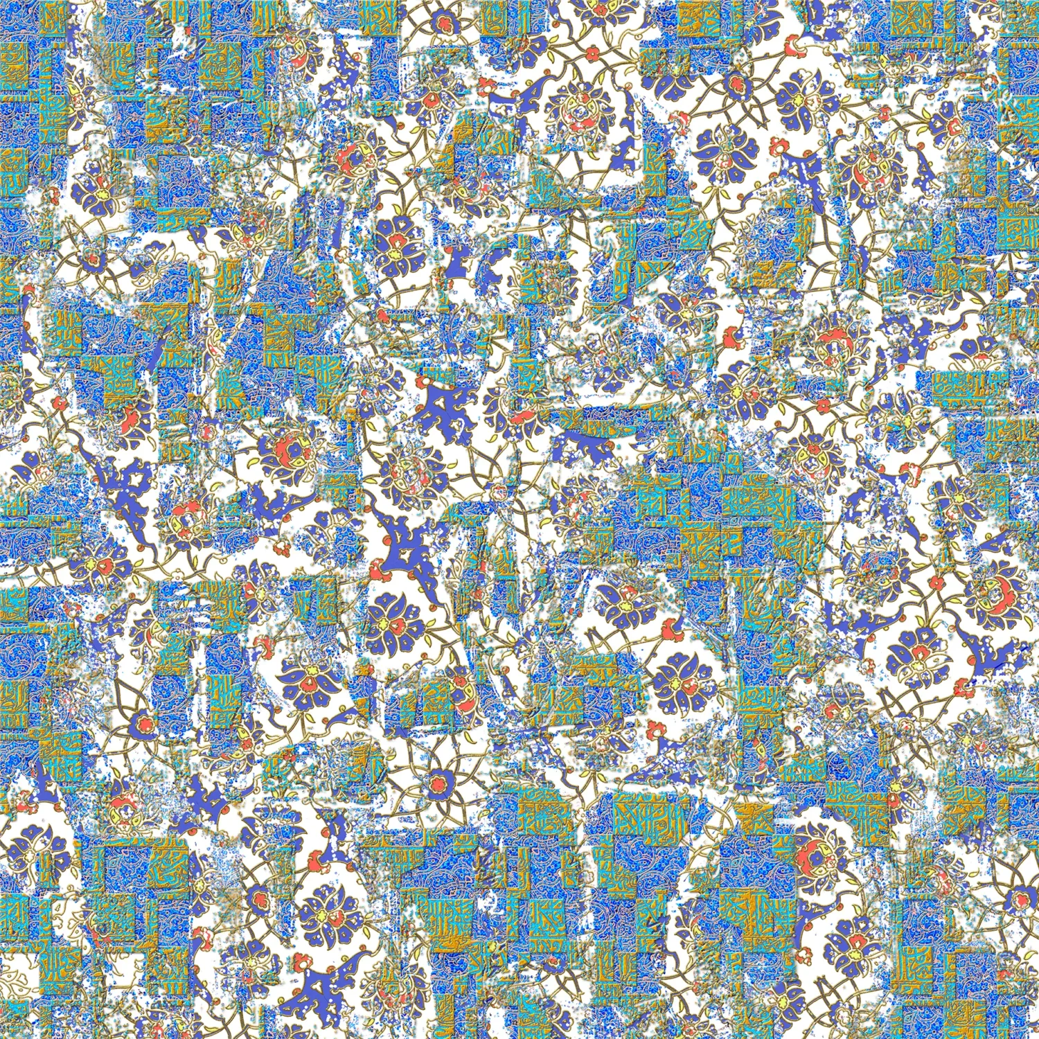 Peinture abstraite contemporaine intitulée Village Bleu, composée de motifs persans bleus et turquoise avec touches dorées évoquant un paysage lumineux et stylisé