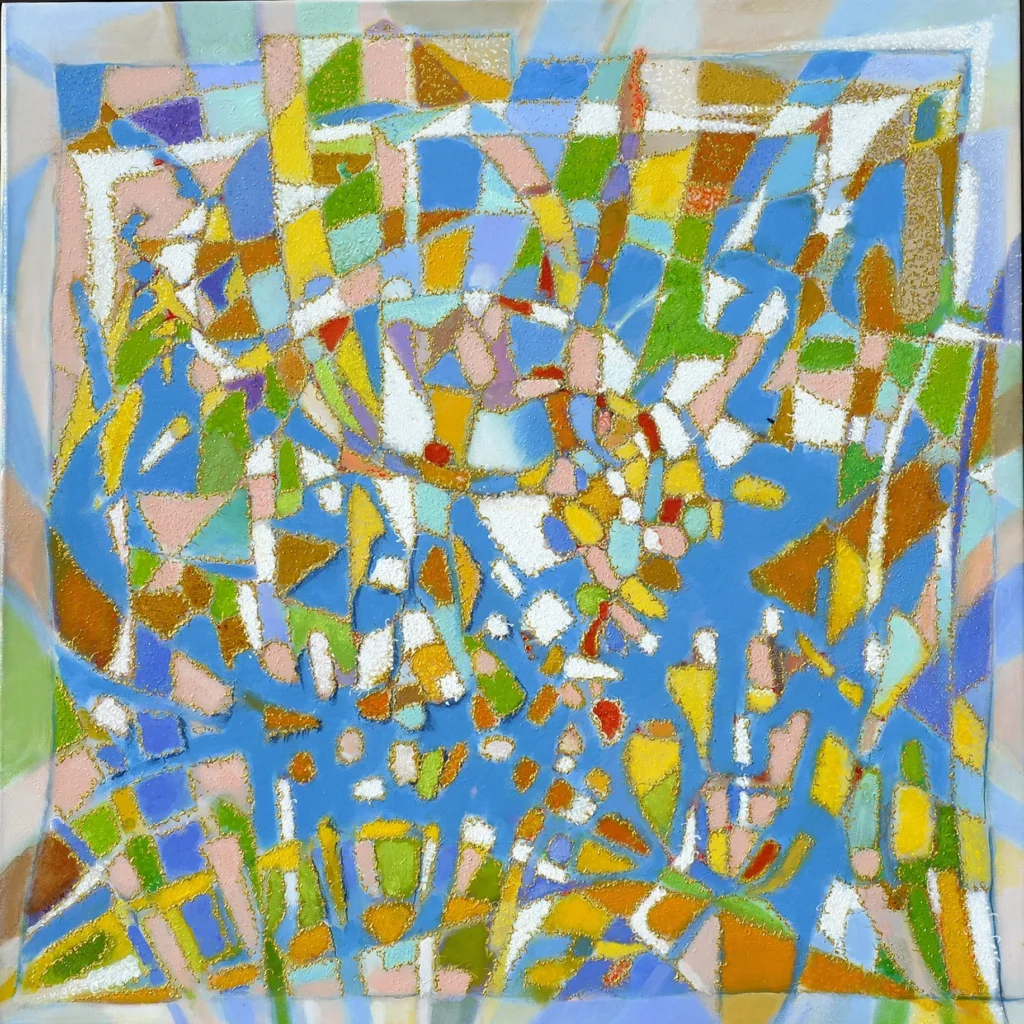 Peinture abstraite contemporaine intitulée Méditerranée, composée de formes colorées en bleu, jaune, vert et rose évoquant la lumière et l’énergie d’un paysage méditerranéen