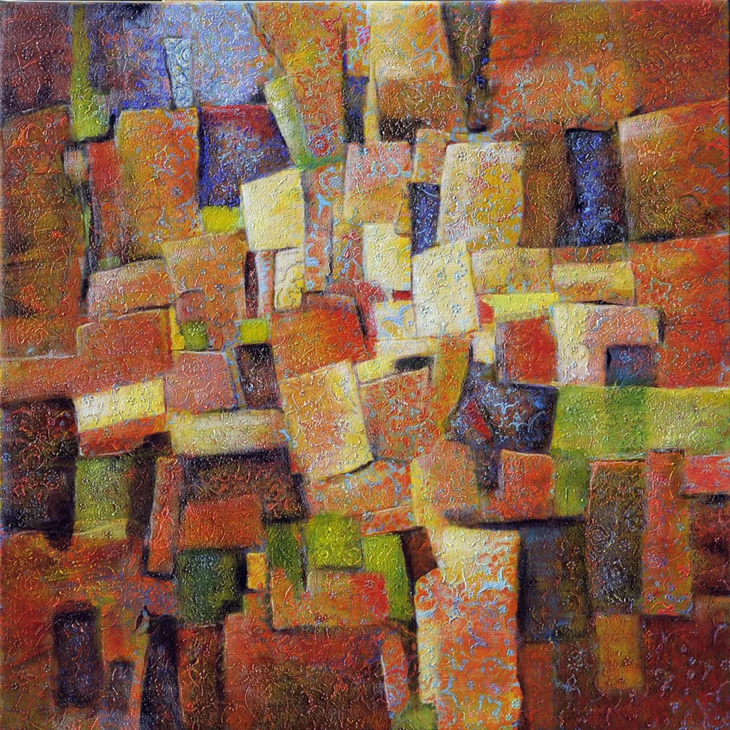 Peinture abstraite contemporaine intitulée Village en été, composée de formes géométriques et de couleurs chaudes évoquant la lumière estivale d’un paysage stylisé