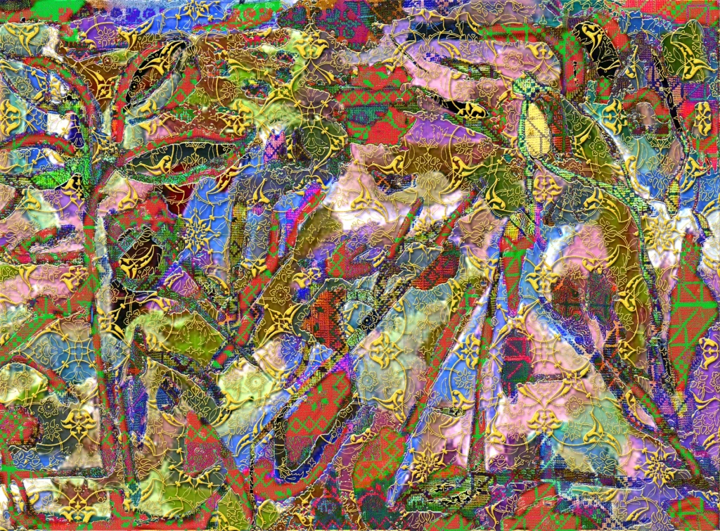 Peinture abstraite contemporaine intitulée Paradis Perdu, mêlant motifs persans et formes végétales colorées dans une composition luxuriante et mystérieuse.