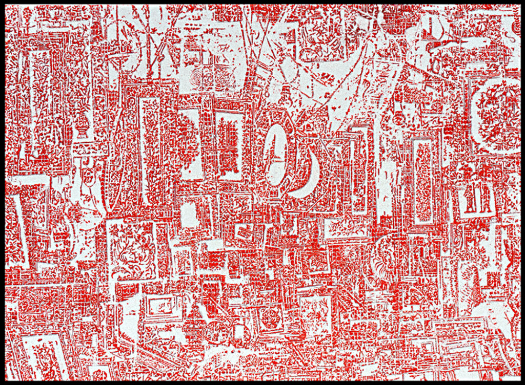 Œuvre abstraite monochrome rouge et blanc composée d’une accumulation de cadres, de motifs décoratifs et de fragments visuels superposés, créant un labyrinthe graphique dense évoquant une ville, un souk ou une mémoire enchevêtrée.