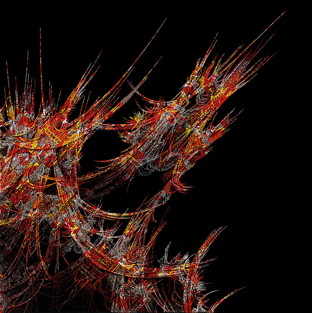 Peinture abstraite contemporaine sur fond noir, composée de lignes rouges, orangées et blanches évoquant une énergie organique en mouvement et une composition dynamique.