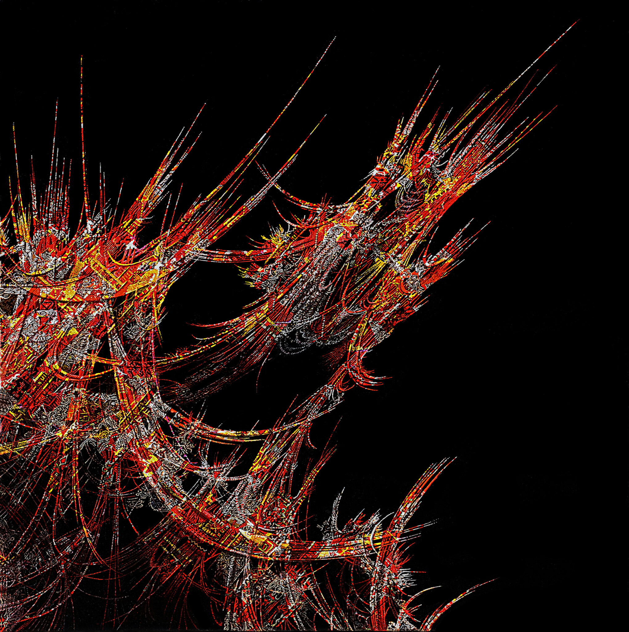 Peinture abstraite contemporaine sur fond noir, composée de lignes rouges, orangées et blanches évoquant une énergie organique en mouvement et une composition dynamique.
