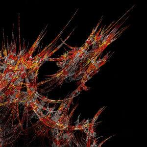 Peinture abstraite contemporaine sur fond noir, composée de lignes rouges, orangées et blanches évoquant une énergie organique en mouvement et une composition dynamique.